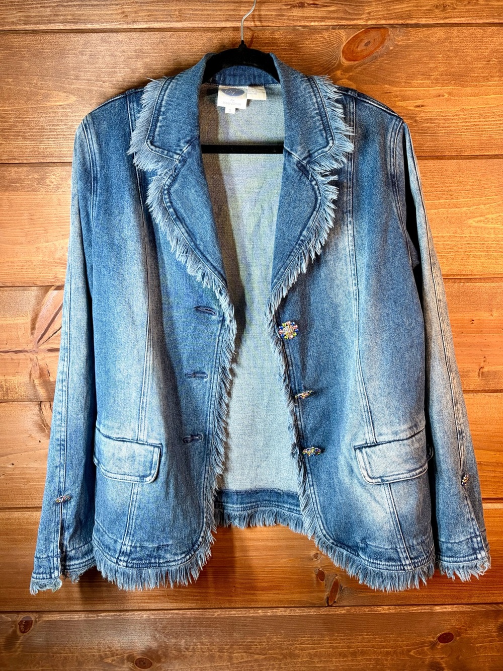 Diane Gilman Light Blue Frayed Edge Denim Blazer Jean Jacket Jewel Buttons Small